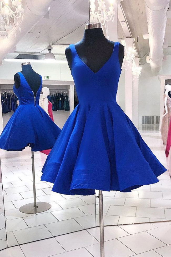 Simple blue v neck short prom dress ...